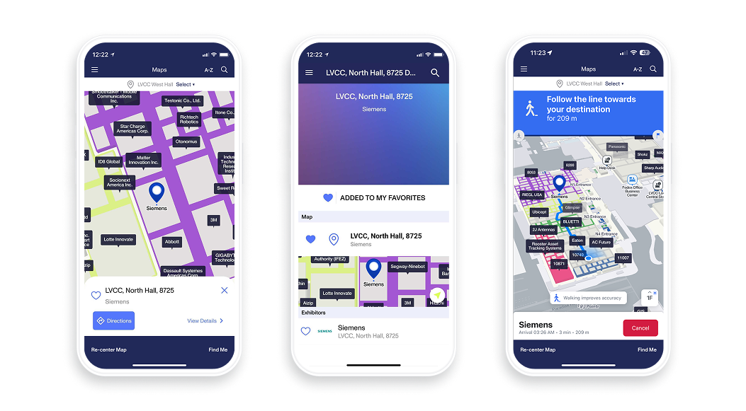 Three smartphones showing Pointr's event mapping and wayfinding